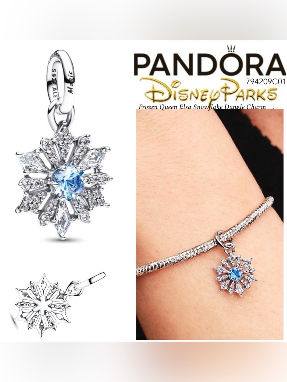 PANDORA Disney Frozen Queen Elsa Snowflake Dangle Charm w/box